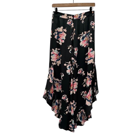 Anthropologie Elevenses Black Satin Floral Tansy Ruffled Wide Leg Slit Pants - Picture 5 of 12